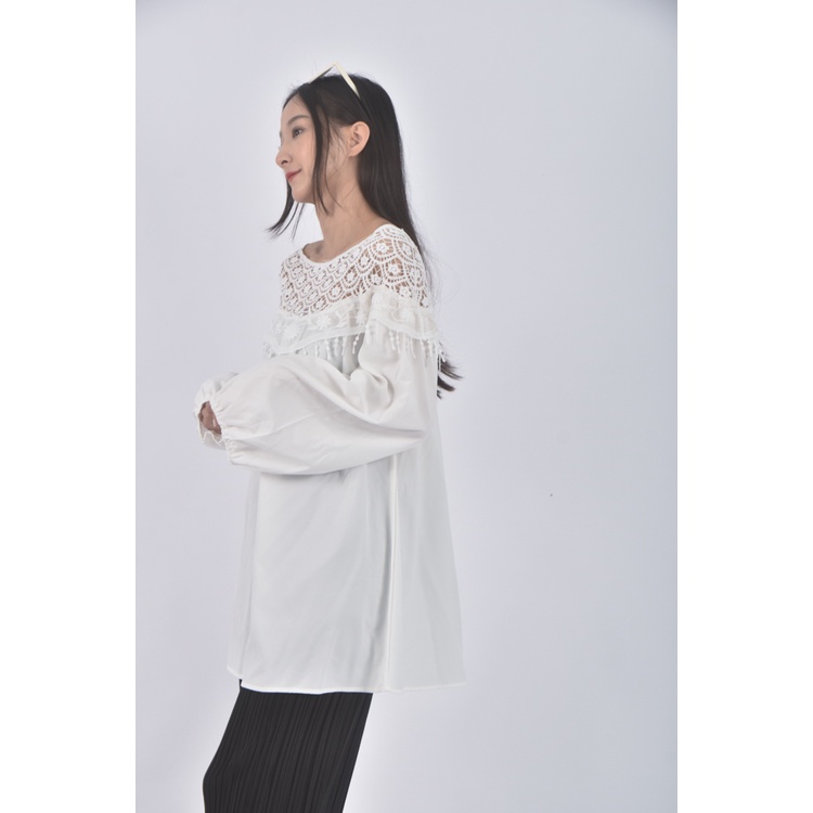 (L) 蕾絲邊白色長袖上衣二手衣, , large
