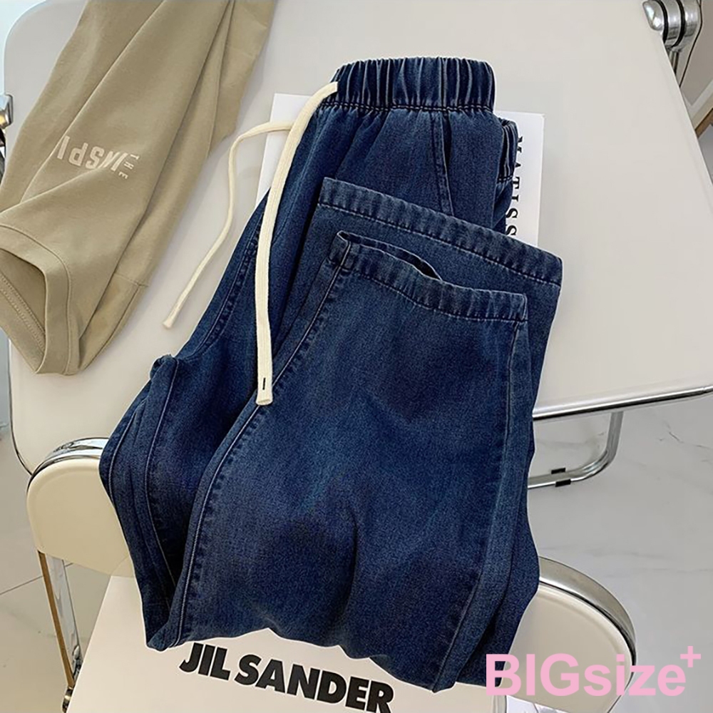 大尺碼-鬆緊褲頭 高腰 寬腿 牛仔褲-32深藍-0103091, , large