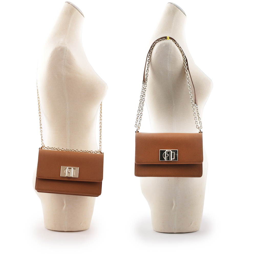 FURLA 1927 拱門轉釦迷你翻蓋鏈帶二用包/白蘭地酒色, , large