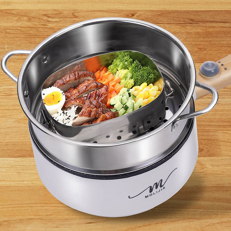 【MOLIJIA】1.6L-M18 Multifunctional Non-stick Electric Cooking Pot + M1812 Stainless Steel Steamer - White Wood Grain, , large