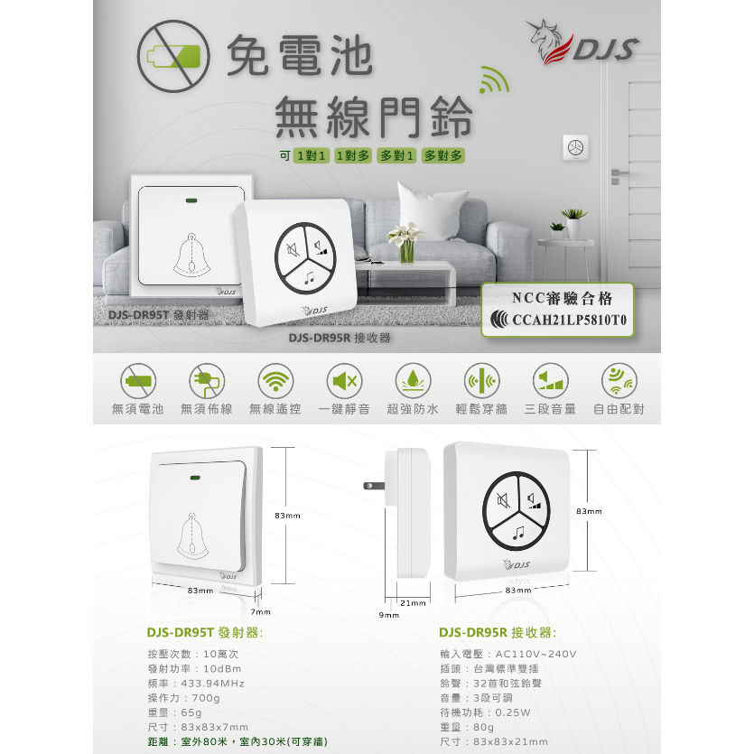昌運監視器 DJS-DR95 免電池無線門鈴 發射器  無線電鈴 自發電 免用電池, , large