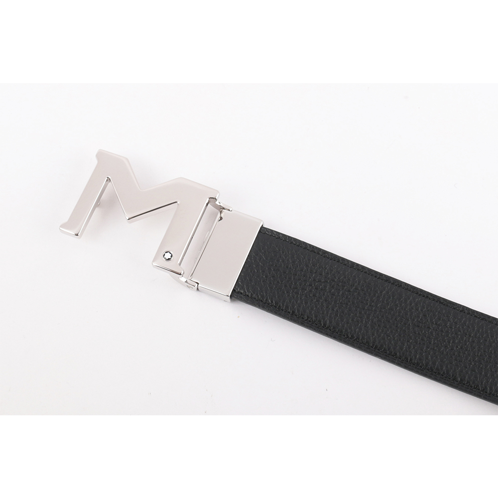 MONT BLANC 銀色M Logo 搭扣3.5cm牛皮雙面可用皮帶(黑色), , large