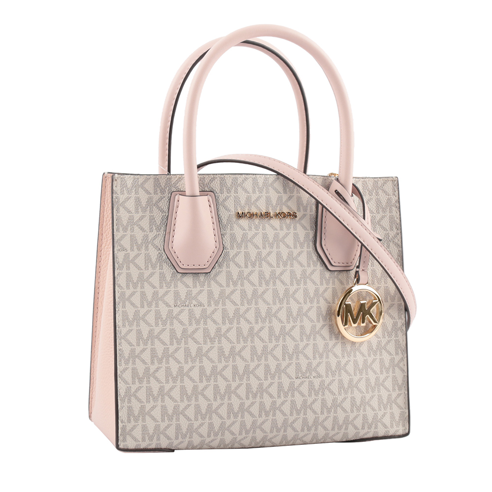 Michael Kors Mercer Logo 吊飾塗層帆布二用包(香草/粉色), , large