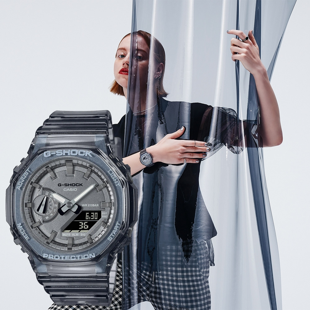 CASIO 卡西歐 G-SHOCK 八角 半透明雙顯手錶-透黑 GMA-S2100SK-1A, , large