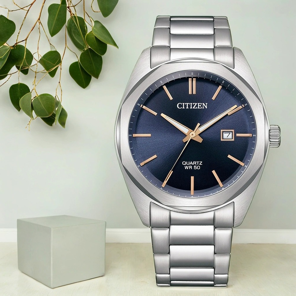 CITIZEN 星辰 限量 紳士日期手錶 送禮-銀x藏藍/41mm BI5110-54H, , large