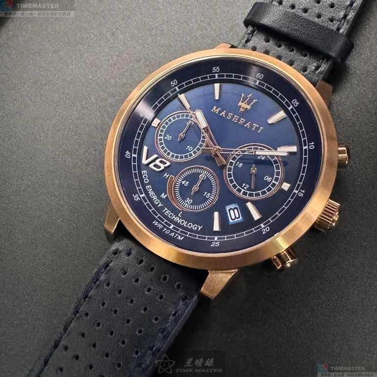 [星晴錶業]MASERATI手錶,44mm,R8871134003寶藍色錶面玫瑰金錶殼寶藍真皮皮革錶帶款, , large
