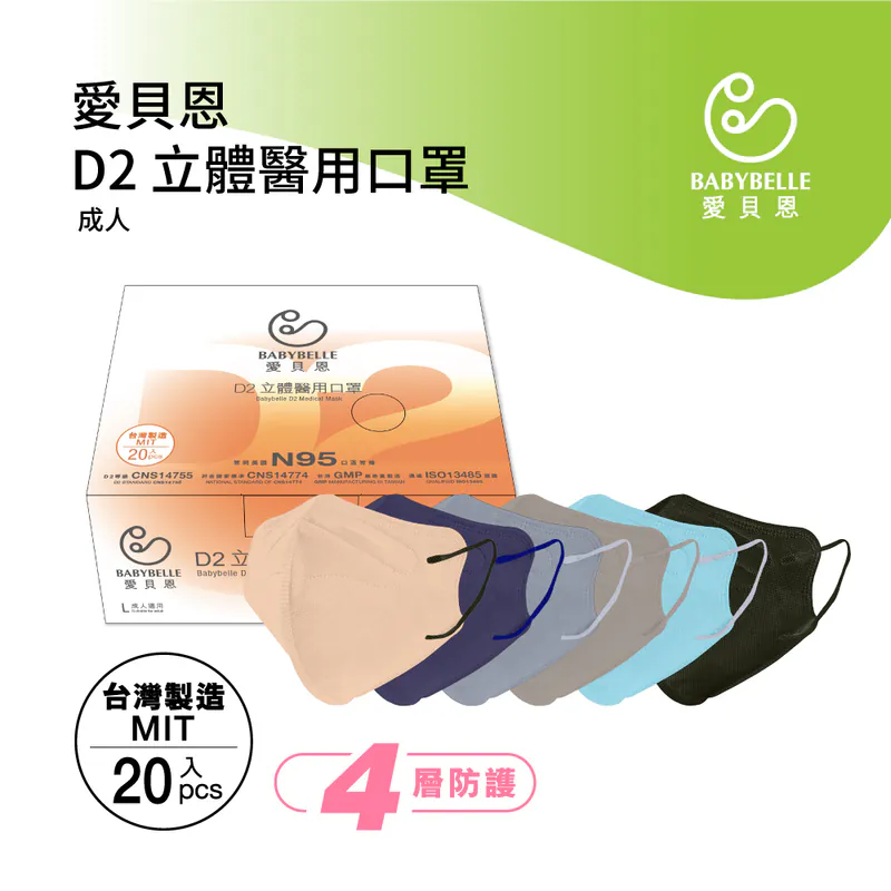 【BABYBELLE 愛貝恩】成人3D D2立體醫用口罩 - 復古藍 20入, , large
