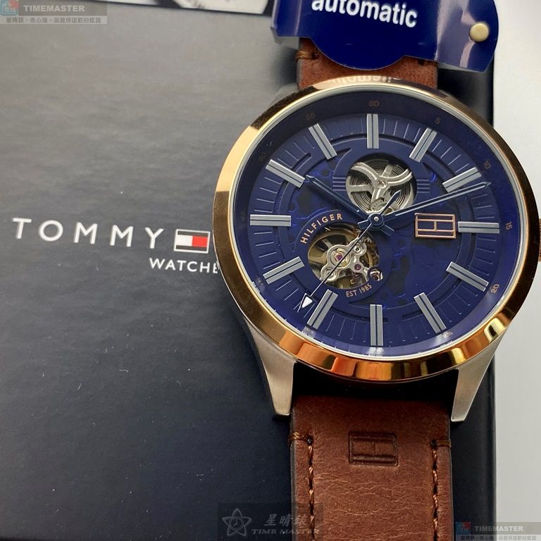 [星晴錶業]TommyHilfiger手錶,44mm,TH00025寶藍色錶面玫瑰金錶殼咖啡色真皮皮革錶帶款, , large