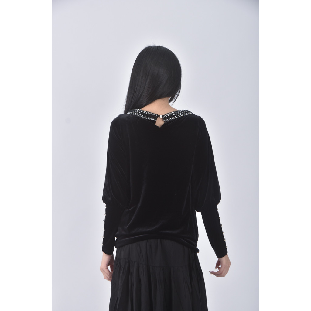 (S) wanko質感圓領黑色長袖上衣二手衣, , large