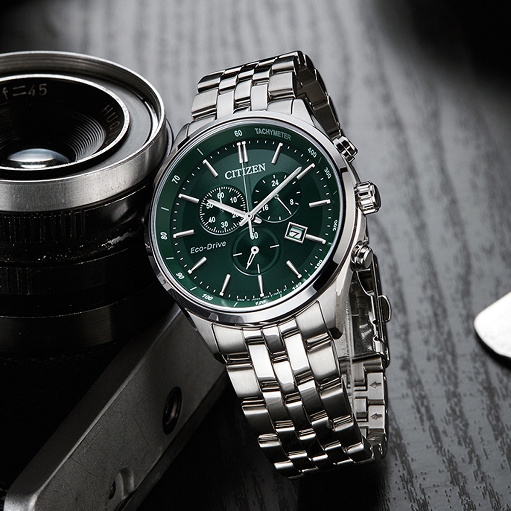CITIZEN 星辰 光動能復古風計時手錶-銀x紳士綠 AT2149-85X, , large