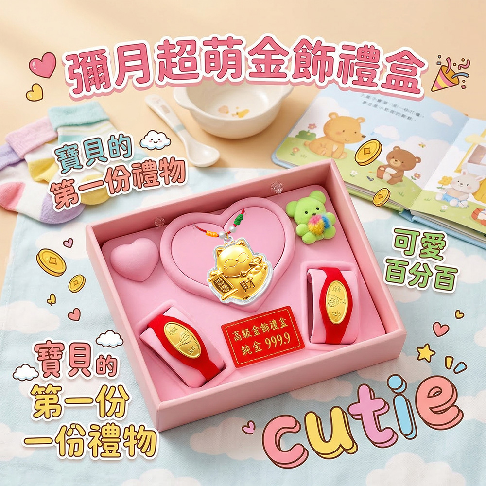 【童樂繪金飾】馬年彌月黃金禮盒 多選 約重0.1錢 附贈馬年平安符 (滿月 保平安 999純金), , large