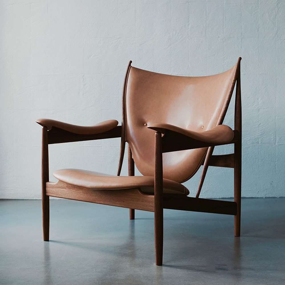 Brown ash wood and genuine leather armchair, , large