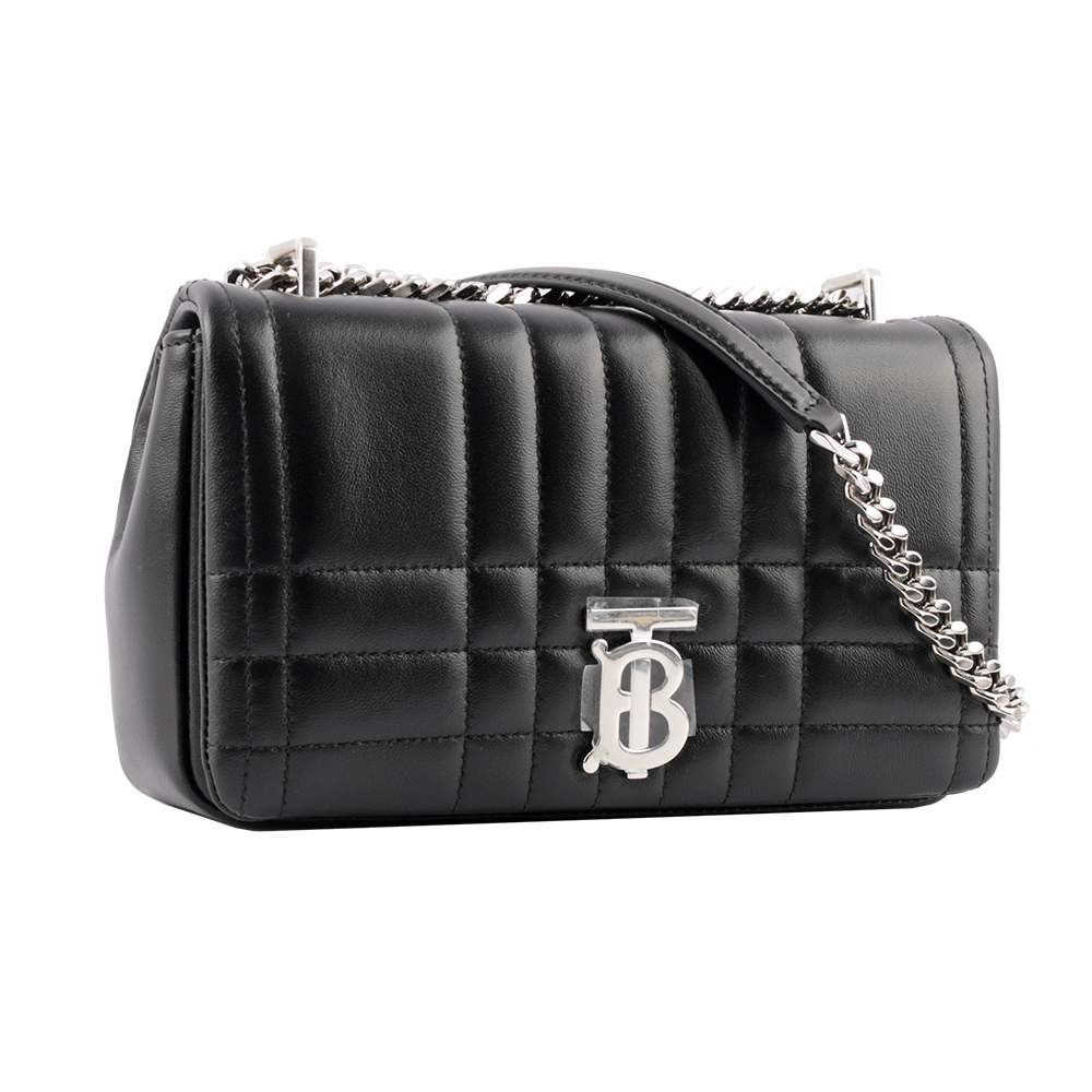 BURBERRY Lola 銀釦小羊皮縫線設計小款翻蓋鍊包/黑色, , large