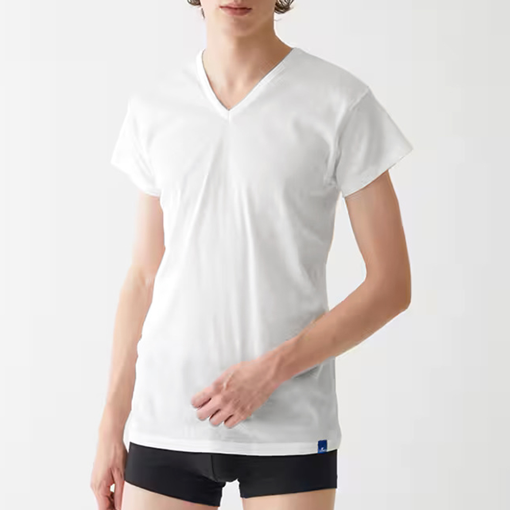 【日本郡是Gunze】日本製 COOLMAGIC 100%純棉 男士機能涼感 V領 短袖內衣 T-shirt(黑色-L), , large