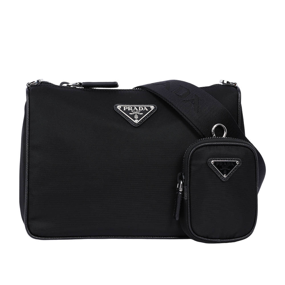 PRADA 三角牌Logo三合一附小袋再生尼龍郵差包/黑色, , large