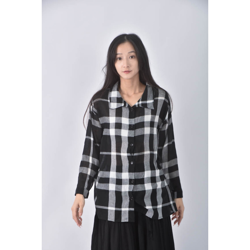 (L) meier q棉質格紋黑色長袖上衣二手衣, , large