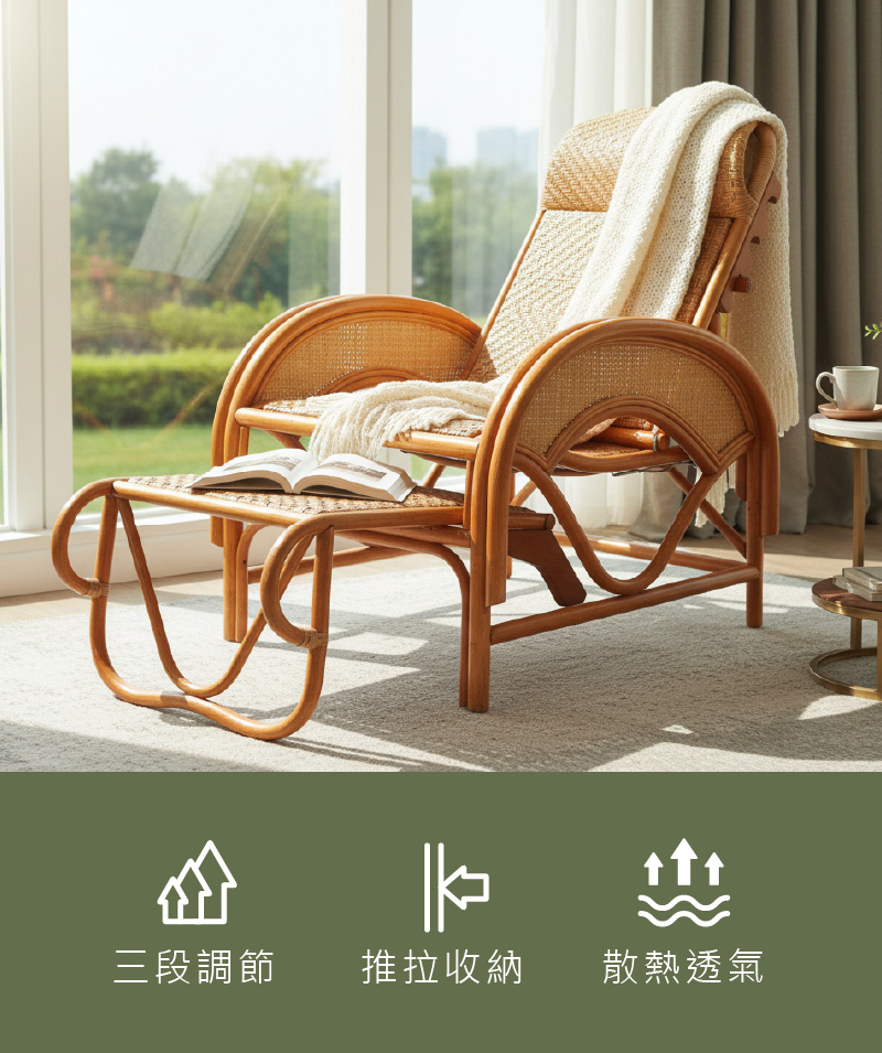 Taiwan Made 3-Position Adjustable Rattan Recliner Chair Bed Lounge Rocking Chair Elderly Chair, , large