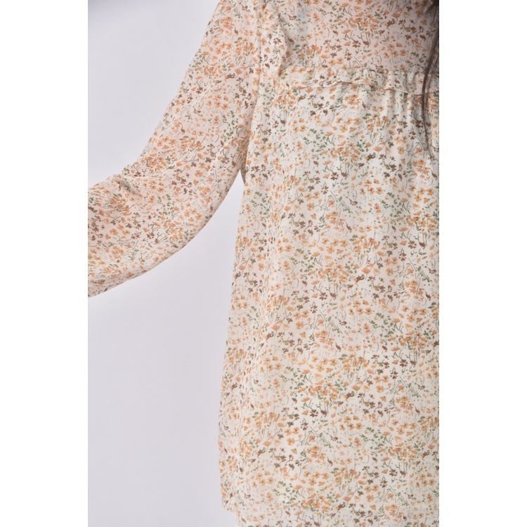 (M) 碎花質感花邊領口杏色長袖上衣二手衣, , large