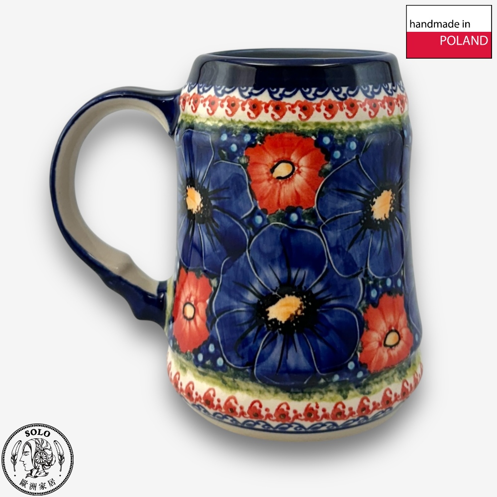 【SOLO Vintage】Cerraf Polish Pottery 680ml Beer Mug Red and Blue Blossoming Elegance Series Made in Poland, , large