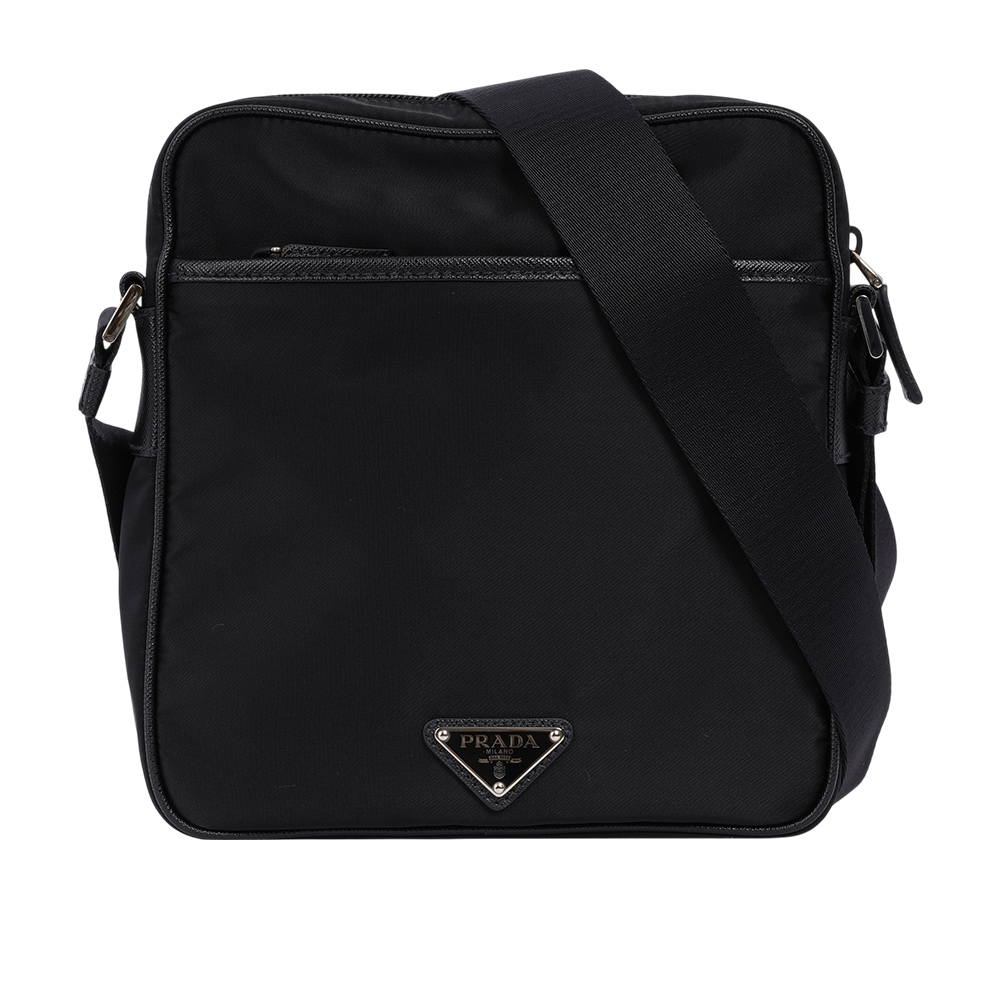 PRADA 刺繡及三角牌Logo 雙面可用尼龍斜背包/黑色