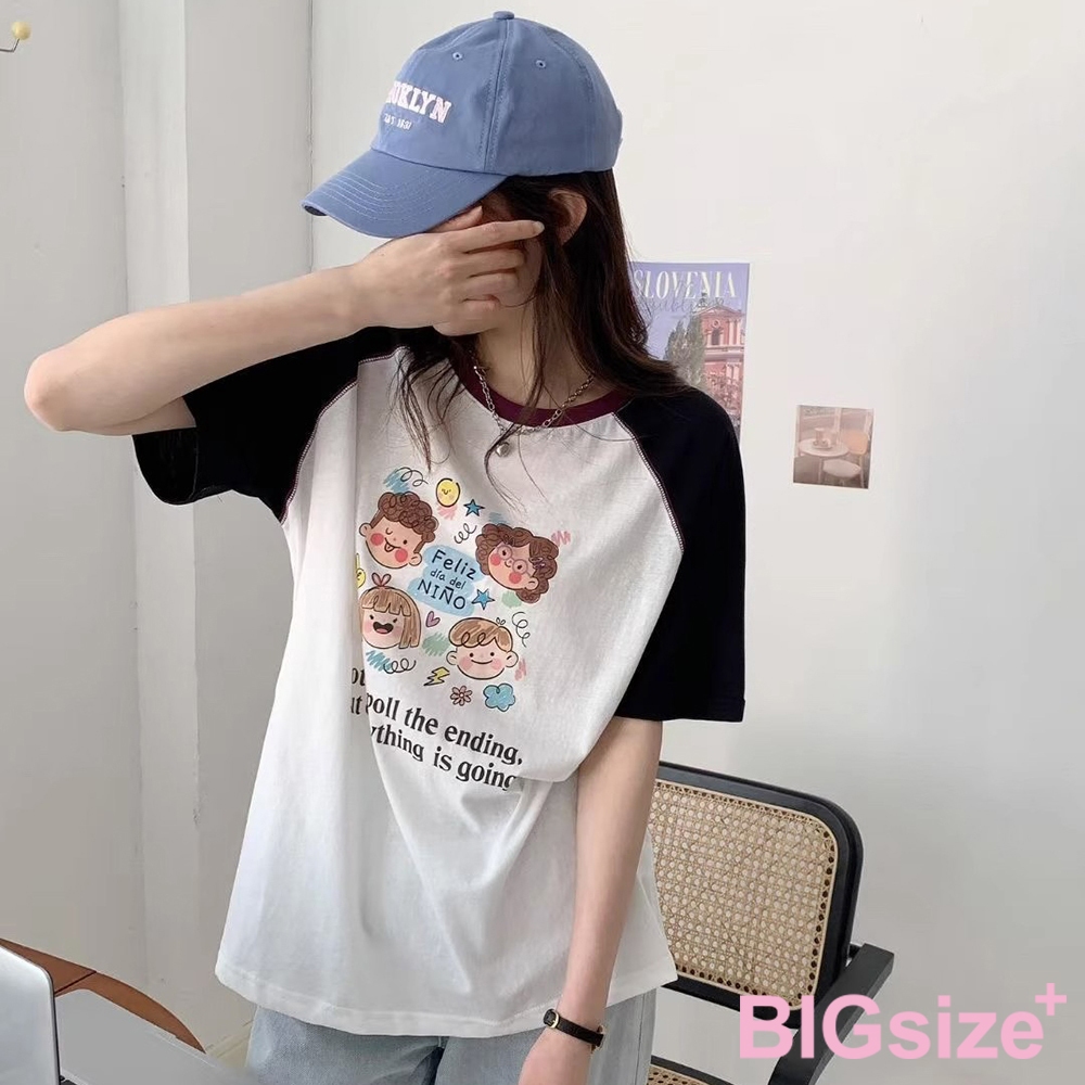 大尺碼-印花 插肩 圓領T恤-黑/粉/黃-0101142, , large