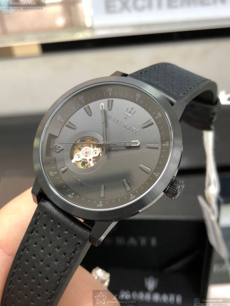 [星晴錶業]MASERATI手錶,44mm, 46mm,R8821134001黑雙面機械鏤空錶面黑錶殼深黑色真皮皮革錶帶款, , large
