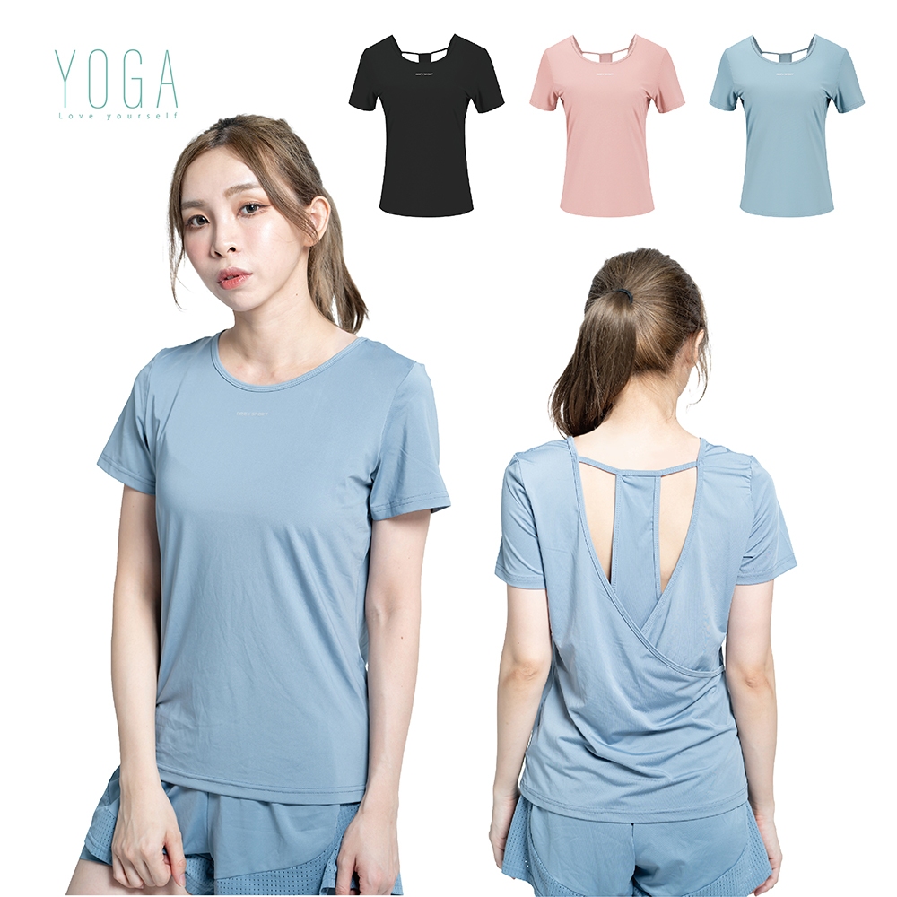 【AREX YOGA】 AS-7410瑜珈服 瑜珈短袖 女上衣 挖背上衣 冰絲衣 涼感衣 吸排衣 短袖上衣 女短袖, , large