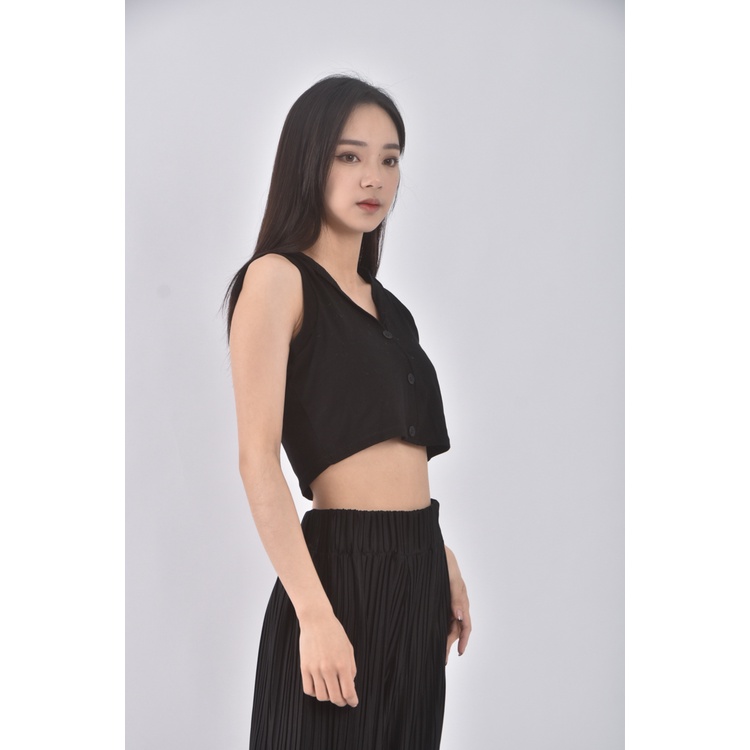 (S) 【智恩私服】dfx修身短版質感無袖黑色上衣二手衣, , large