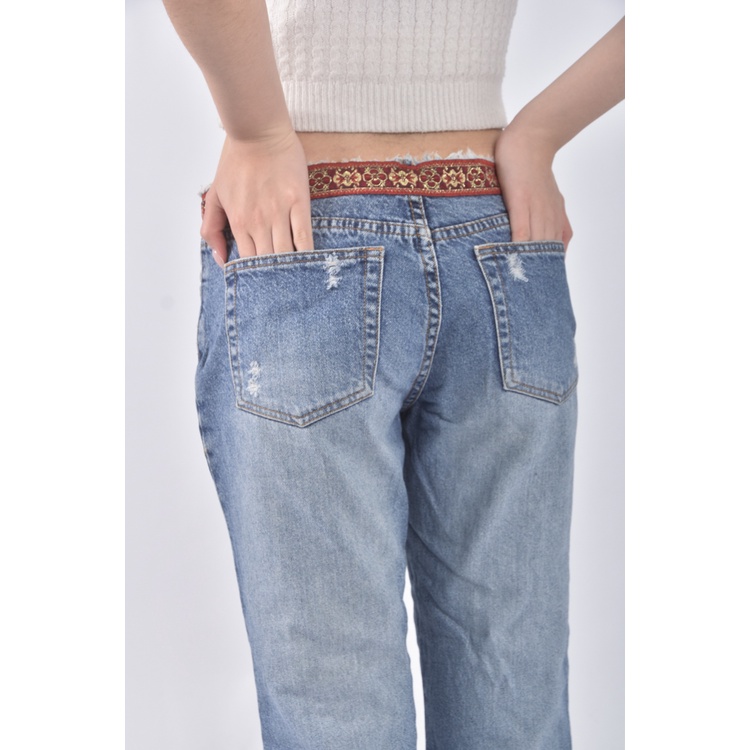 (L) 丹寧牛仔質感刺繡藍色長褲二手衣, , large