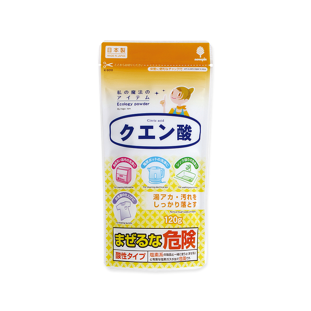 [日日好物]日本Novopin紀陽除虫菊-廚房衛浴家電多用途檸檬酸除垢消臭去污清潔粉120g/小黃袋(居家萬用熱水壺電鍋除水垢粉,衣物除汗垢泛黃漂白粉), , large