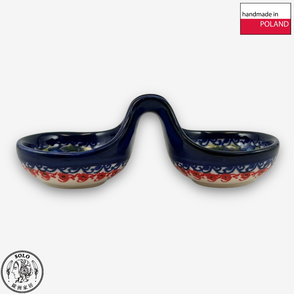 【SOLO Vintage】Cerraf Polish Pottery 14cm Divided Bowl / Small Sauce Bowl Red and Blue Blossoming Elegance Series Made in Poland, , large