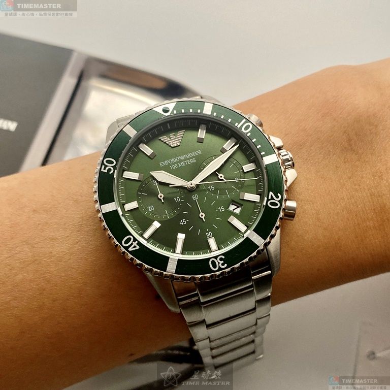 [星晴錶業]ARMANI手錶,44mm,AR00021墨綠色錶面銀錶殼銀色精鋼錶帶款, , large