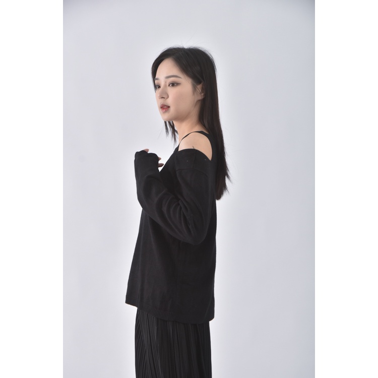 (S) pazzo質感露肩黑色長袖上衣二手衣, , large