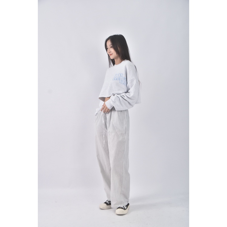 (M) genquo高腰棉質直條紋灰色長褲二手衣, , large