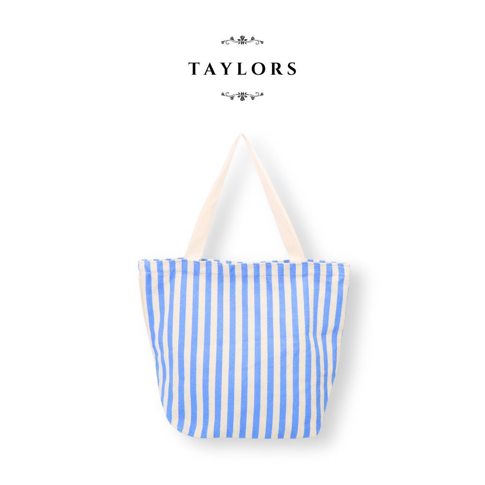 【TAYLORS】韓版 夏日條紋帆布托特包-淺藍 棉布軟包 大容量 帆布袋 手提 肩背包 沙灘袋