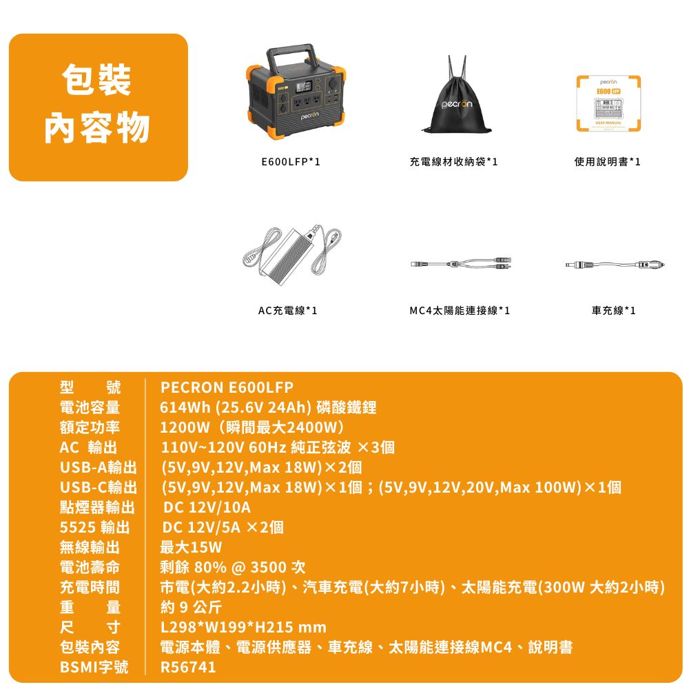 【PECRON】E600LFP性能小鋼炮儲能電源｜1200W/614Wh｜ 磷酸鐵鋰 停電 防災 露營電源, , large
