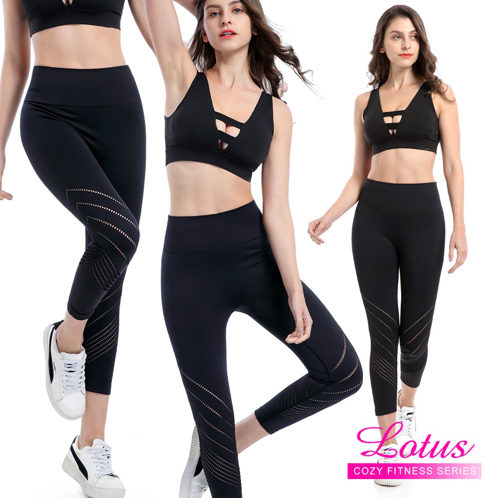 【LOTUS】腿部網眼無縫彈力運動緊身九分褲-個性黑