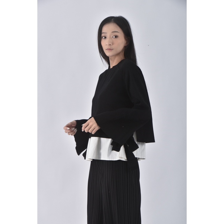 (L) mila owen圓領厚磅黑色長袖上衣二手衣, , large