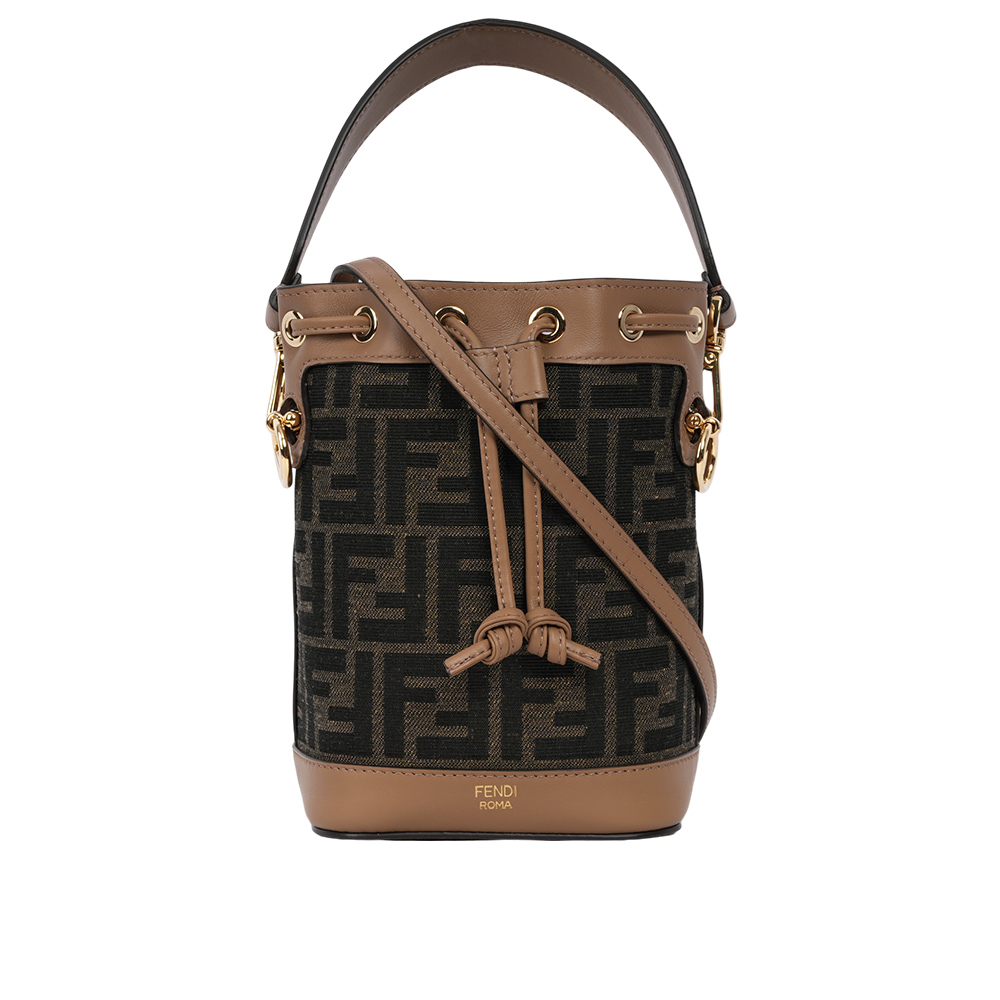 FENDI MON TRESOR FF Logo 緹花及皮革二用迷你水桶包/棕色, , large