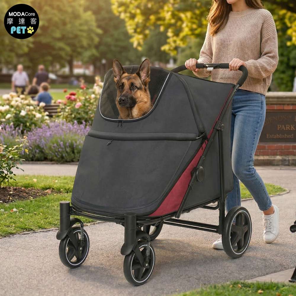 摩達客-HB03高齡 行動不便照護型 大空間x輕便折疊寵物推車 黑紅色款/40KG以下貓狗適用, , large