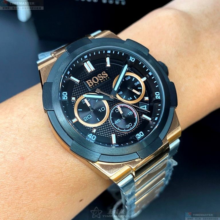 [星晴錶業]BOSS手錶,46mm,HB1513358黑色錶面黑金錶殼金銀相間精鋼錶帶款, , large