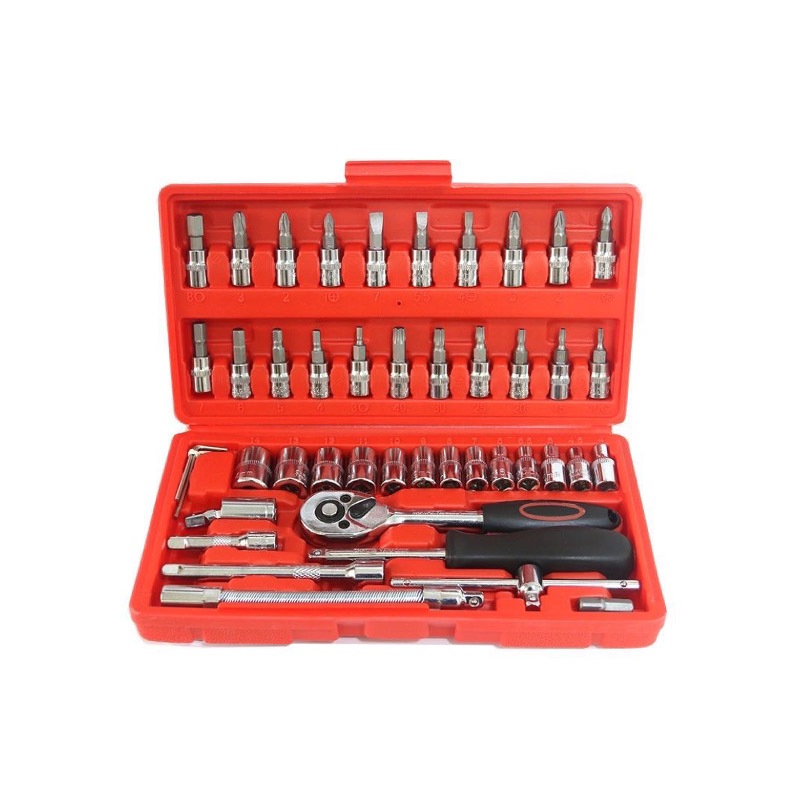 【TOPWAY】2分手動套筒組 CR-V 1/4"棘輪板手46件套組 手動套筒 六角凸 萬向接頭 快脫板桿 延長接桿, , large