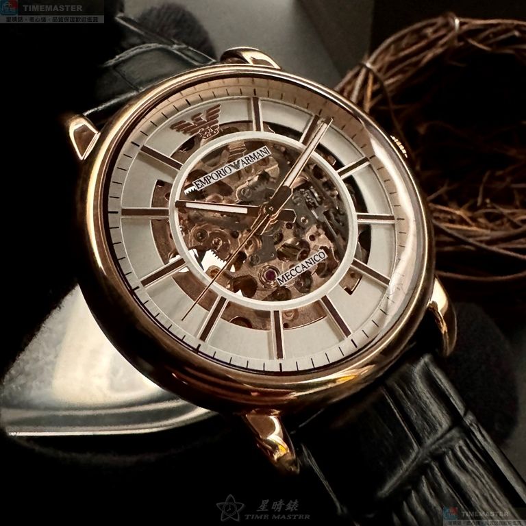 [星晴錶業]ARMANI手錶,44mm,AR00069白色雙面機械鏤空錶面玫瑰金錶殼深黑色真皮皮革錶帶款, , large