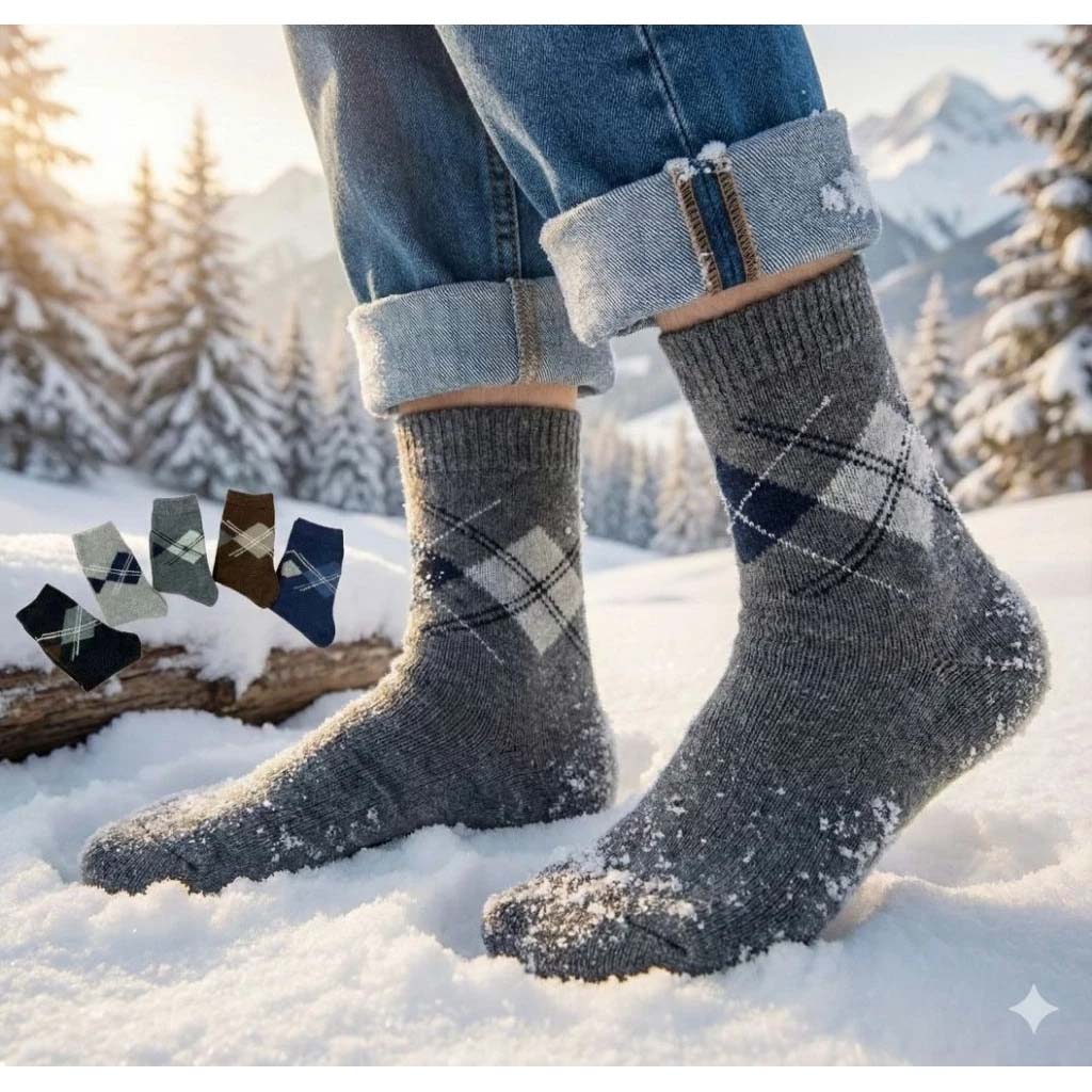 [Kaimi Cotton] 7-Pair Set &ndash; Random Colors &ndash; Winter Essential (Men&rsquo;s) Premium Thermal Wool Socks &ndash; Cold-Proof / Warm / Long Winter Socks &ndash; Plaid Design, , large