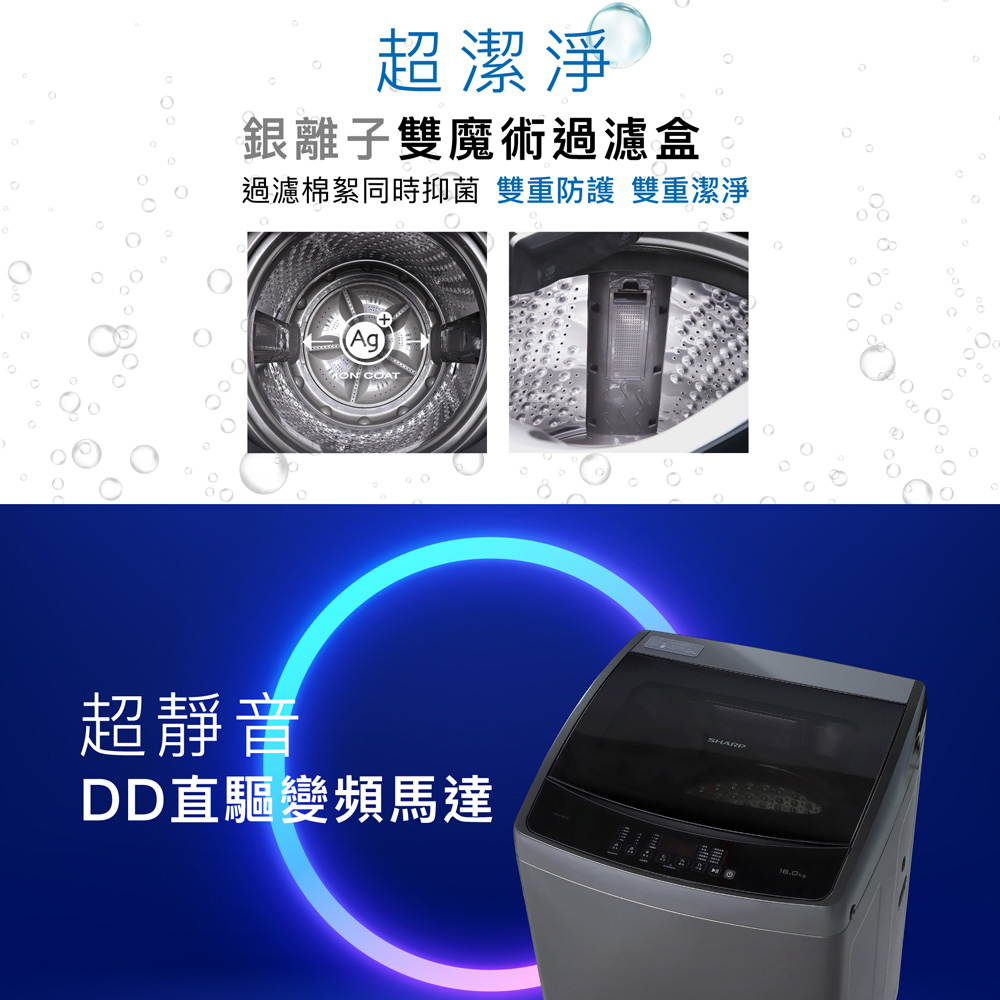 SHARP 16KG DD Inverter Top Load Washer ES-G16AT-S, , large