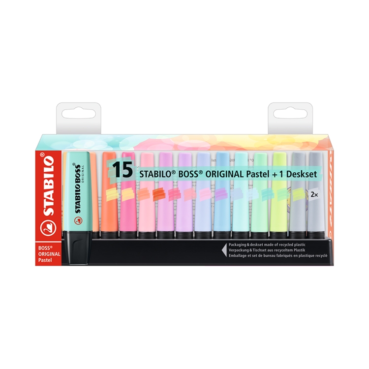【德國天鵝STABILO】BOSS ORIGINAL Pastel 波士馬卡龍色經典螢光筆 15色桌上展示組馬卡龍色(ST7015-02-5), , large