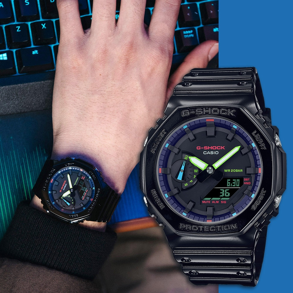 CASIO 卡西歐 G-SHOCK AI 探索虛擬彩虹系列雙顯錶 GA-2100RGB-1A, , large