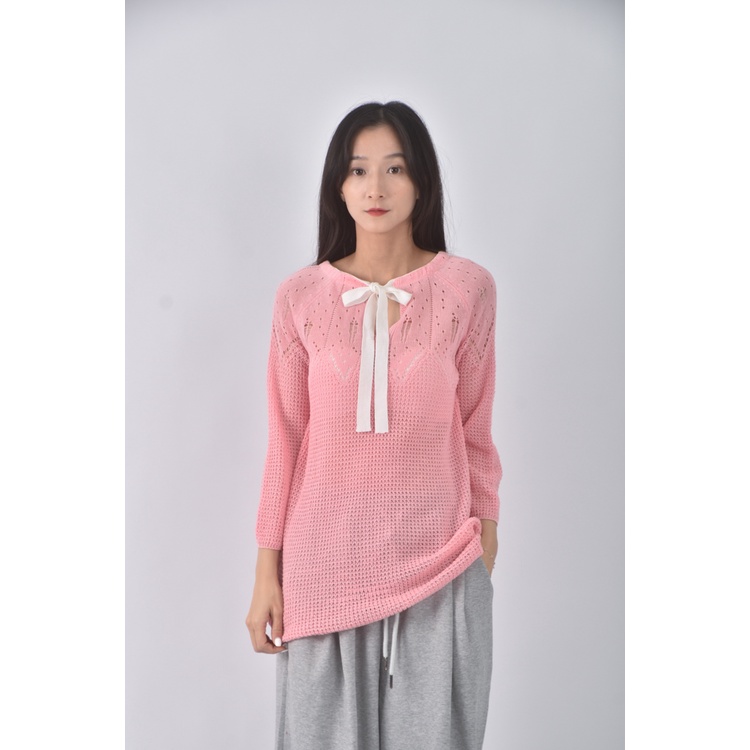 (M) 質感綁帶粉色長袖上衣二手衣