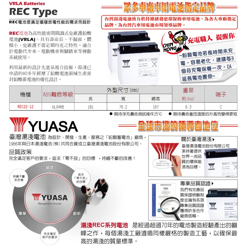 【YUASA】REC22-12 釣魚用電池.釣魚捲線器配件.電動捲線器電瓶 REC22-12立端, , large