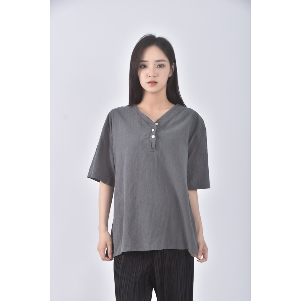 (L) 質感V領灰色短袖上衣二手衣